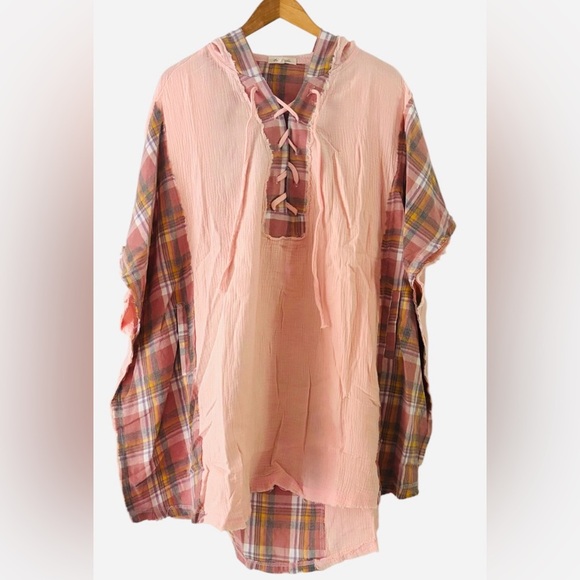 Hali & Oli Oversized Hooded Tunic with plaid Patchwork NWT - Picture 5 of 7